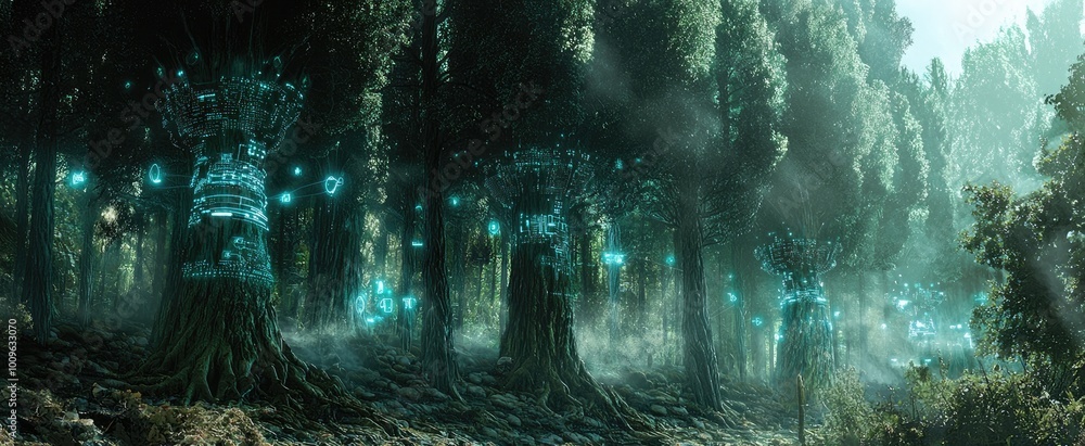Aufkleber mystical forest with glowing trees and digital patterns