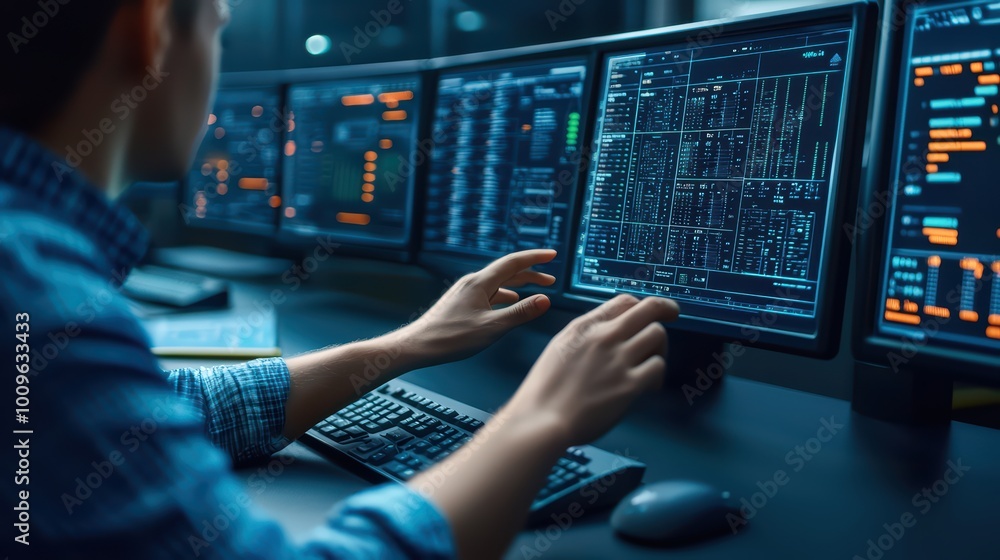 Poster a person analyzing data on multiple screens in a modern office environment, showcasing the significa