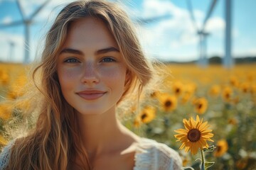 cheerful women enjoying a sunny field filled with wind turbines embodying a sense of empowerment and sustainability vibrant colors and bright skies enhancing the renewable energy theme