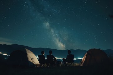 At night, the group of friends sat around each other in front of two tents and looked up at the starry sky  In the background, a mountain landscape with city lights Generative AI