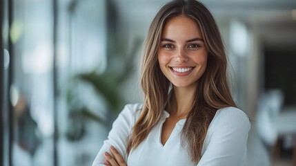 Fototapeta premium happy and confident businesswoman standing in leadership at a workplace with success