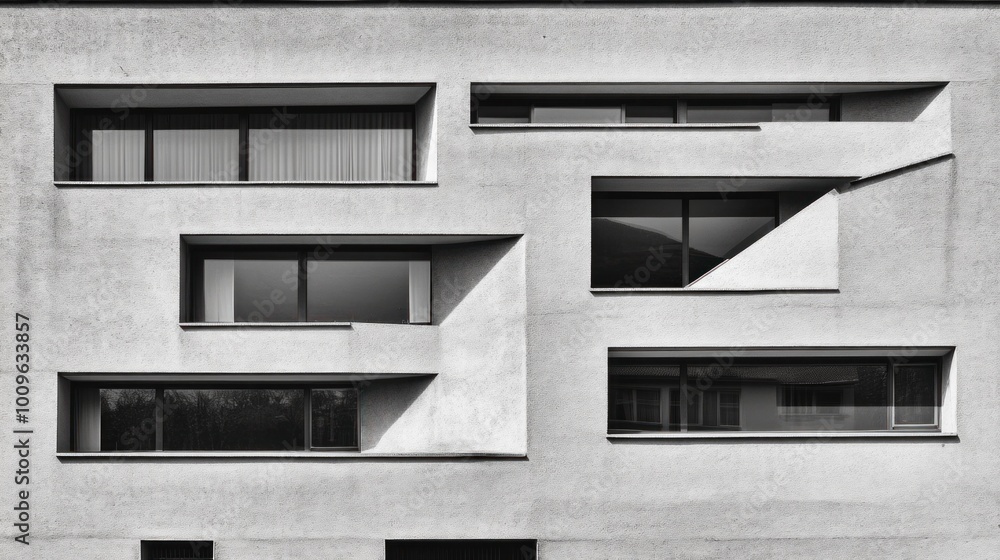 Poster a striking residential building showcases a contemporary faг§ade with asymmetrical window designs th