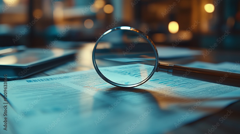 Poster analytics data and financial report under magnifying glass for analysis and investigation