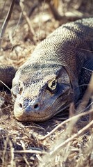 Obraz premium A close-up of a Komodo dragon resting on the ground among dry grass.