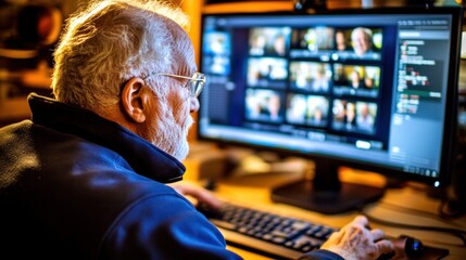 An elderly man focuses intently on his computer, participating in video calls with friends or family. Soft lighting creates a warm atmosphere in his workspace as he interacts