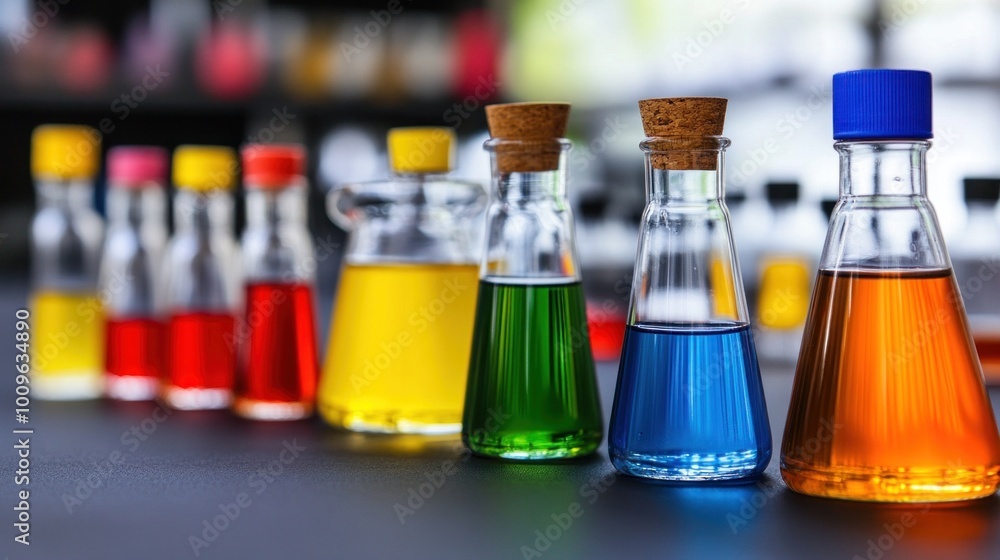 Poster a series of laboratory flasks and bottles filled with vibrant liquids in different colors are displa