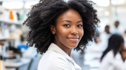 Fototapeta premium A young scientist with natural curly hair works in a bright laboratory, smiling confidently as she engages in research among her colleagues in lab coats, showcasing a collaborative environment
