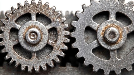 Detailed view of rusted gears meshing together in a machine, highlighting the aging process and the critical mechanics of industrial equipment