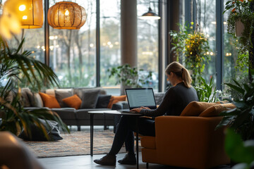 businesswoman working on laptop in cafe