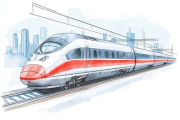 Naklejka premium A sleek and modern high-speed train speeding along the tracks with a city skyline in the background, showcasing innovation in rail travel.