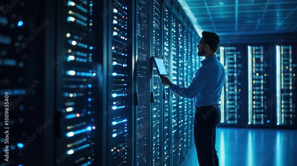 Poster a technician is observing and managing server performance in a modern data center, illuminated by bl