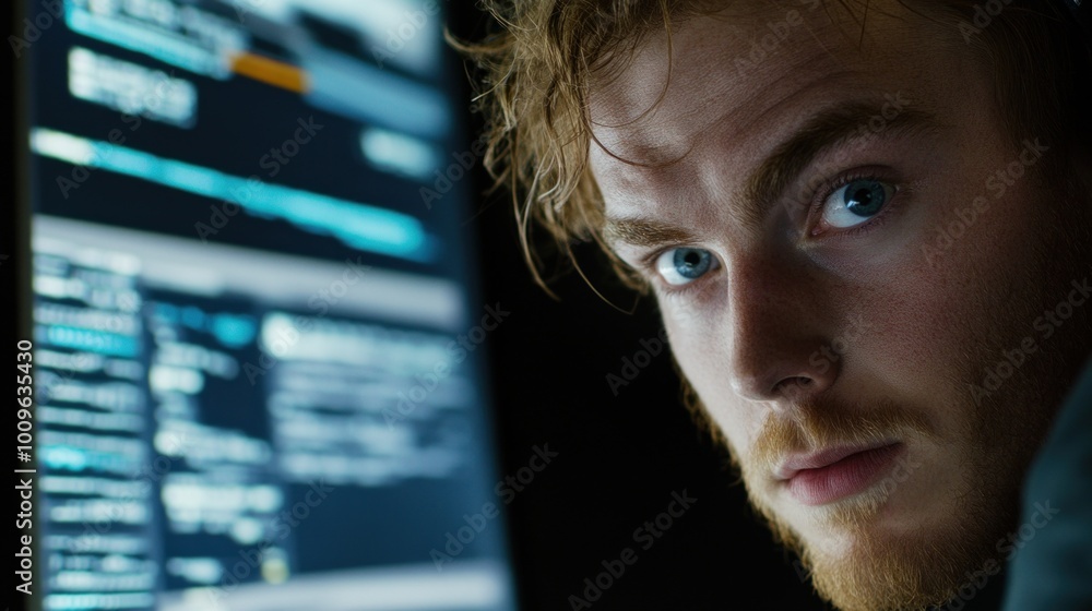 Poster a dedicated programmer intently studies computer code late at night in a dark room. bright screens i