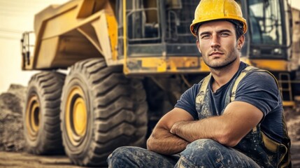 A construction worker sits with arms crossed, looking confidently at the camera while resting near a large earth mover at a busy job site under clear blue skies