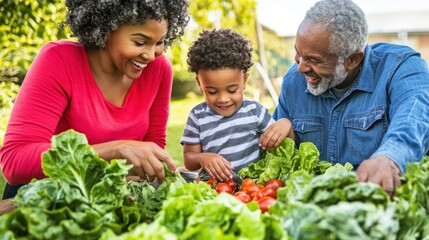 A family gathers in a vibrant backyard, joyfully harvesting ripe tomatoes and leafy greens. Laughter fills the air as they bond over their gardening efforts on a sunny afternoon