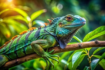 Banded Fiji Iguana Relaxing on a Branch Surrounded by Lush Greenery in its Natural Habitat