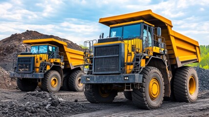 Two heavy-duty dump trucks are seen loaded with coal, parked on a construction site with piles of black material nearby, under a bright blue sky with scattered clouds