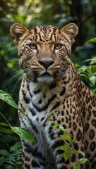 Obraz premium Leopard in Dense Vegetation Looking Directly at Camera