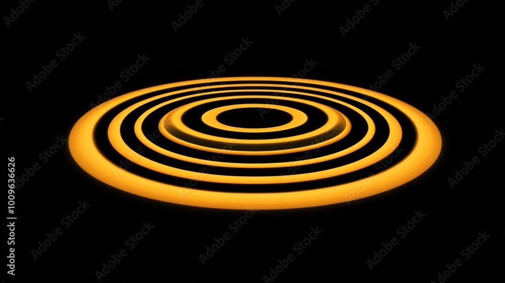 Poster bright orange concentric circles radiate outward against a solid black background, creating a captiv
