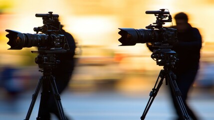 Fototapeta premium Two professional cameras on sturdy tripods are set up to capture the lively essence of a bustling city during the enchanting golden hour, as people pass by in blurred motion