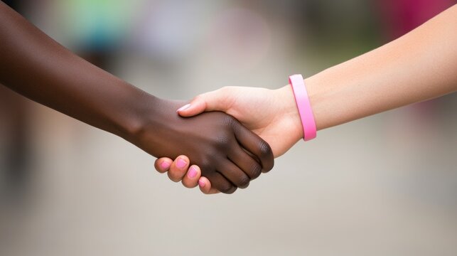 Hands of two individuals from different backgrounds clasp together, highlighting solidarity and understanding at a community event on a sunny day in a lively atmosphere - Powered by Adobe