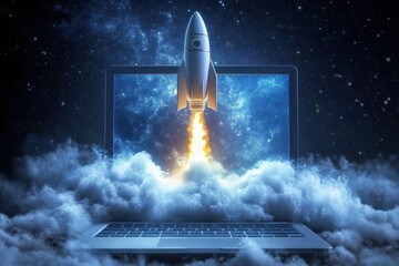 Rocket taking off from laptop amid celestial clouds