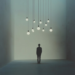 Obraz premium A person standing in an empty room with lightbulbs floating above their head, symbolizing the emergence of new ideas
