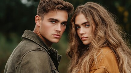 Naklejka premium A young couple stands closely together in a lush, green forest, both wearing casual outfits. Their expressions are relaxed and natural, capturing an intimate moment during golden hour