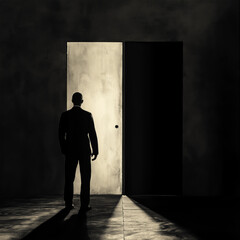 Obraz premium A man standing between two doors, one light and one dark, symbolizing a choice between good and evil or conflicting decisions