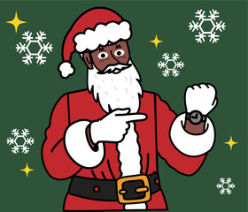 Happy black Santa Claus pointing with finger at his wrist watch, Christmas background