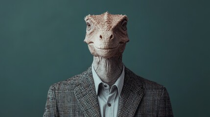 A whimsical portrait of an anthropomorphic dinosaur wearing a suit, blending fantasy and sophistication in a unique artistic expression with a formal yet playful aura.