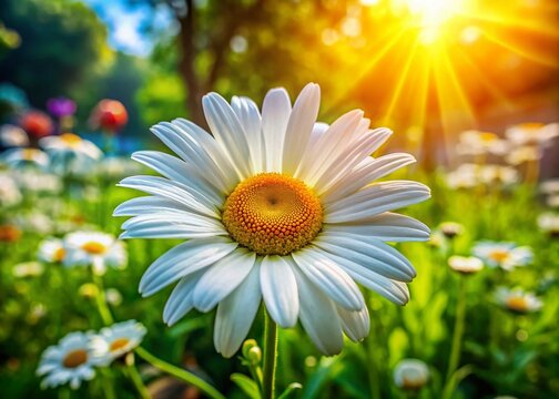 Beautiful daysi flower in vibrant colors blooming in a sunny garden setting with green foliage