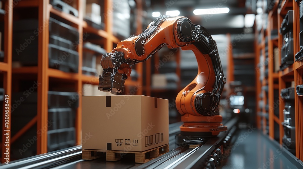 Poster robot arm grabbing box on automated conveyor in warehouse setting