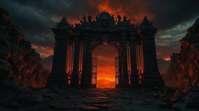 hell's gate with fire in the night
