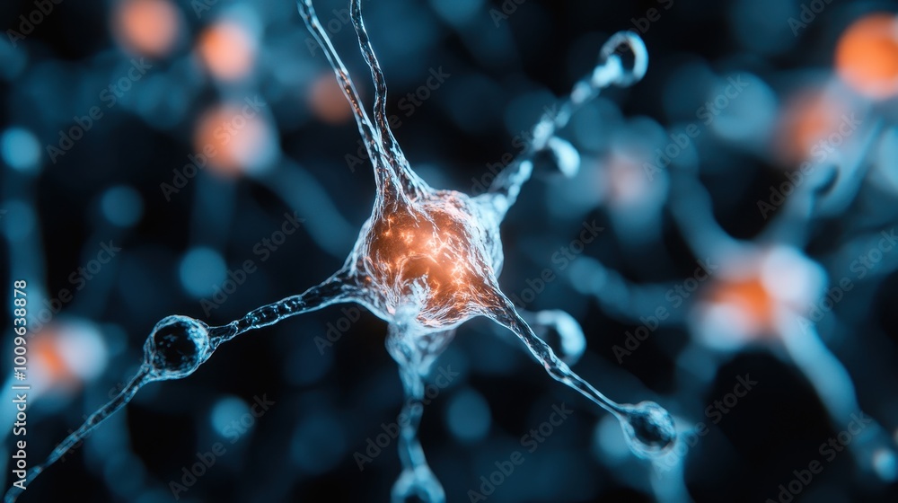 Poster a detailed, glowing illustration of a neuron network showing synapses up close, capturing the comple