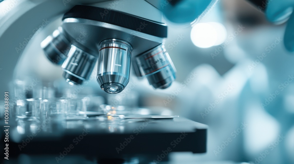 Poster a detailed view of a microscope in a lab, emphasizing the precision and focus required for scientifi