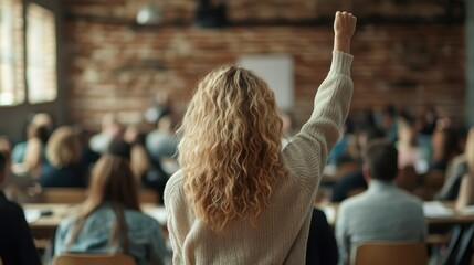 Fototapeta premium A student with wavy hair eagerly raises an arm in a sunny, bustling classroom, embodying learning, curiosity, and engagement amidst peers and educators.
