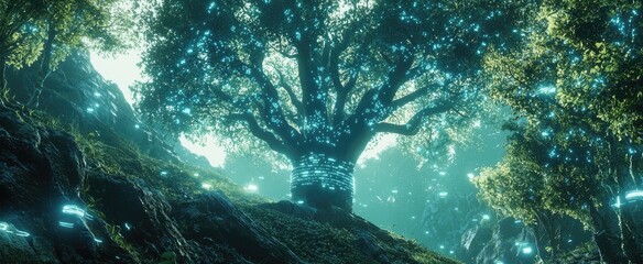 Fototapeta premium A large tree in a magical forest with blue glowing lights in the leaves and around the trunk