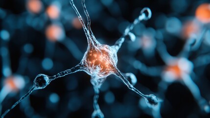 A detailed, glowing illustration of a neuron network showing synapses up close, capturing the complexity and beauty of the human brain’s communication system in a futuristic style.