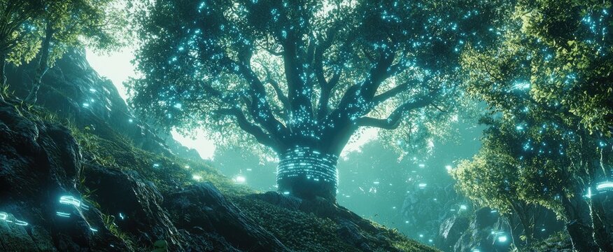 A large tree in a magical forest with blue glowing lights in the leaves and around the trunk