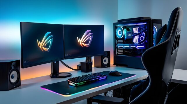 A state-of-the-art gaming rig featuring a multi-screen setup, RGB-lit mechanical keyboard, and a powerful gaming PC with vibrant LED lighting.