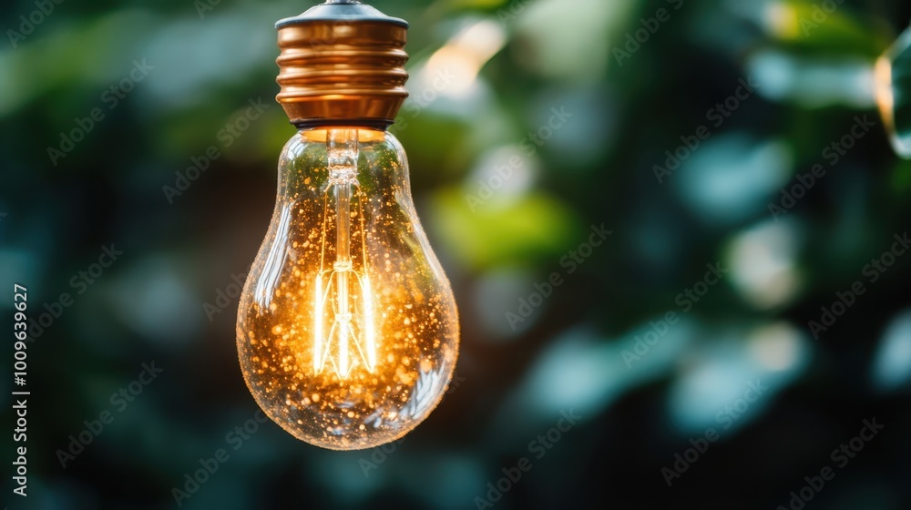 Poster an illuminated light bulb hanging against a bokeh blurred background, creating an artistic and warm 