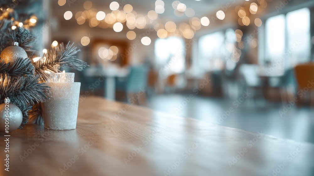 Poster a cozy scene featuring a candle and evergreen branches on a wooden table, surrounded by festive boke