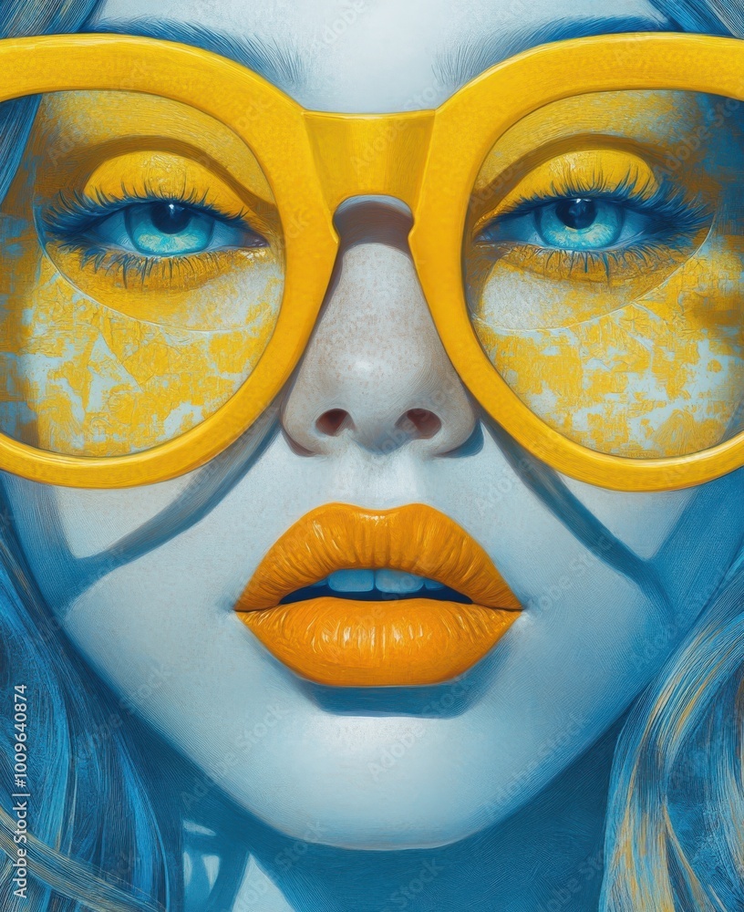 Wall mural beautiful woman with large yellow glasses, orange lipstick and blue eyes, golden ratio composition