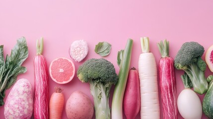 An array of colorful vegetables such as radishes, broccoli, and grapefruit strikingly stand out against a pastel pink backdrop, showcasing a vibrant and artistic setup.
