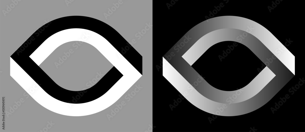 Poster Symmetry art lines in eye shape as symbol, logo or icon. Black and white shape and the same impossible shape with gradient.