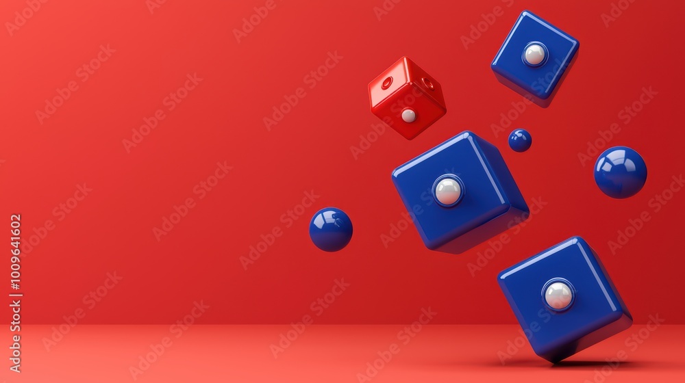 Poster colorful 3d shapes including red and blue cubes and spheres, creating an engaging visual on a vibran