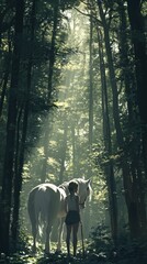A child stands with a white horse in a sunlit forest, surrounded by tall trees.