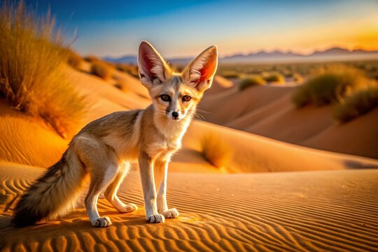Beautiful Sandfox in Natural Habitat with Desert Landscape and Soft Golden Sands in the Background