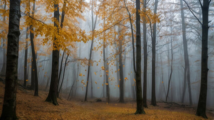 Naklejka premium A misty November forest where golden leaves hang frozen in mid-air, suspended by unseen magic. The air is thick with the scent of damp earth and ancient secrets
