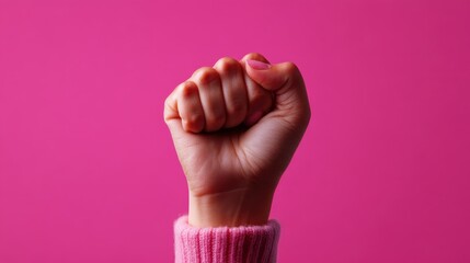 A single raised clenched fist is prominently displayed against a bright pink backdrop, embodying strength, resistance, and unity in a bold visual statement.